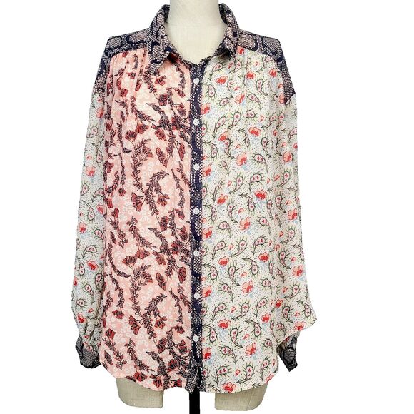 Free People Dani Top M Multicolor Mixed Media Floral Paisley Button-Front Blouse - Picture 1 of 12